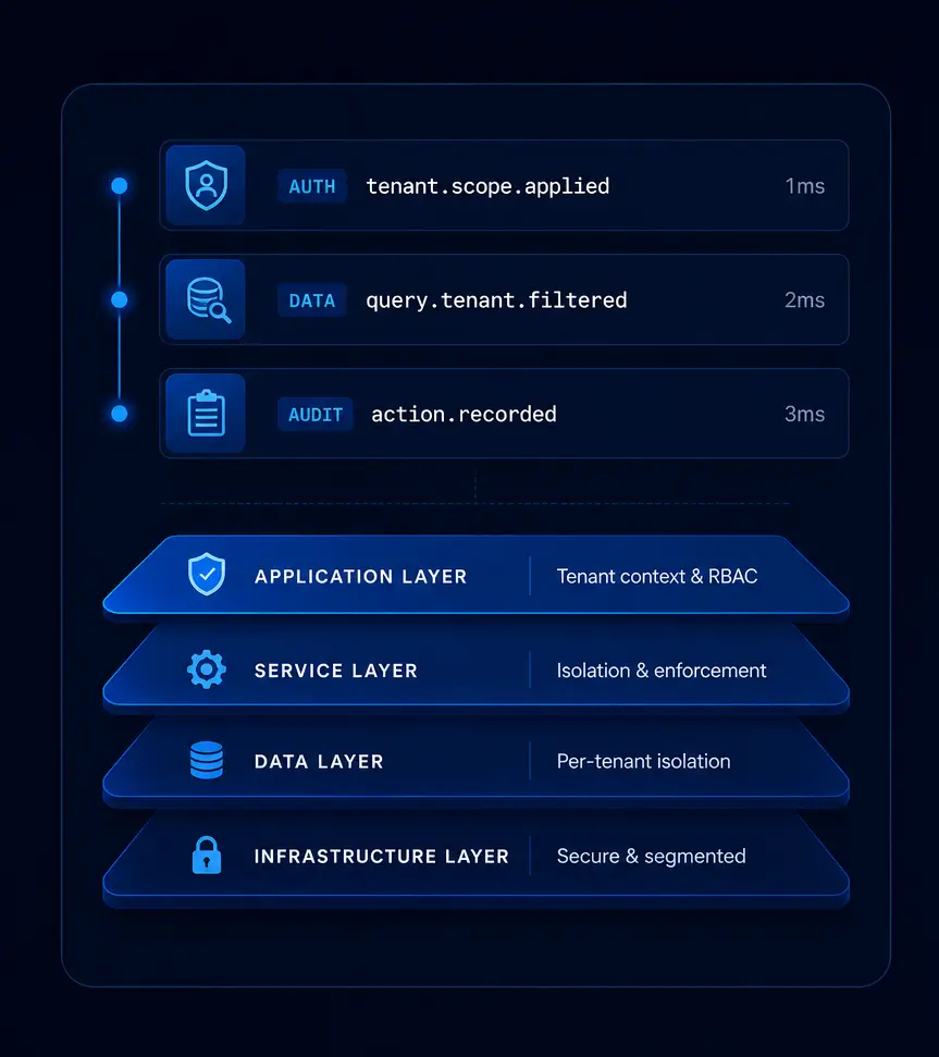 Multi-tenancy architecture layers: application, service, data, and infrastructure