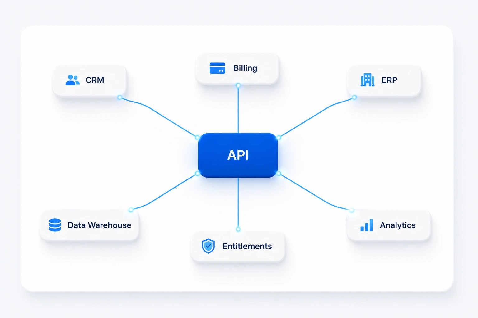 API connected to CRM, ERP, Billing, Data Warehouse, Entitlements, and Analytics