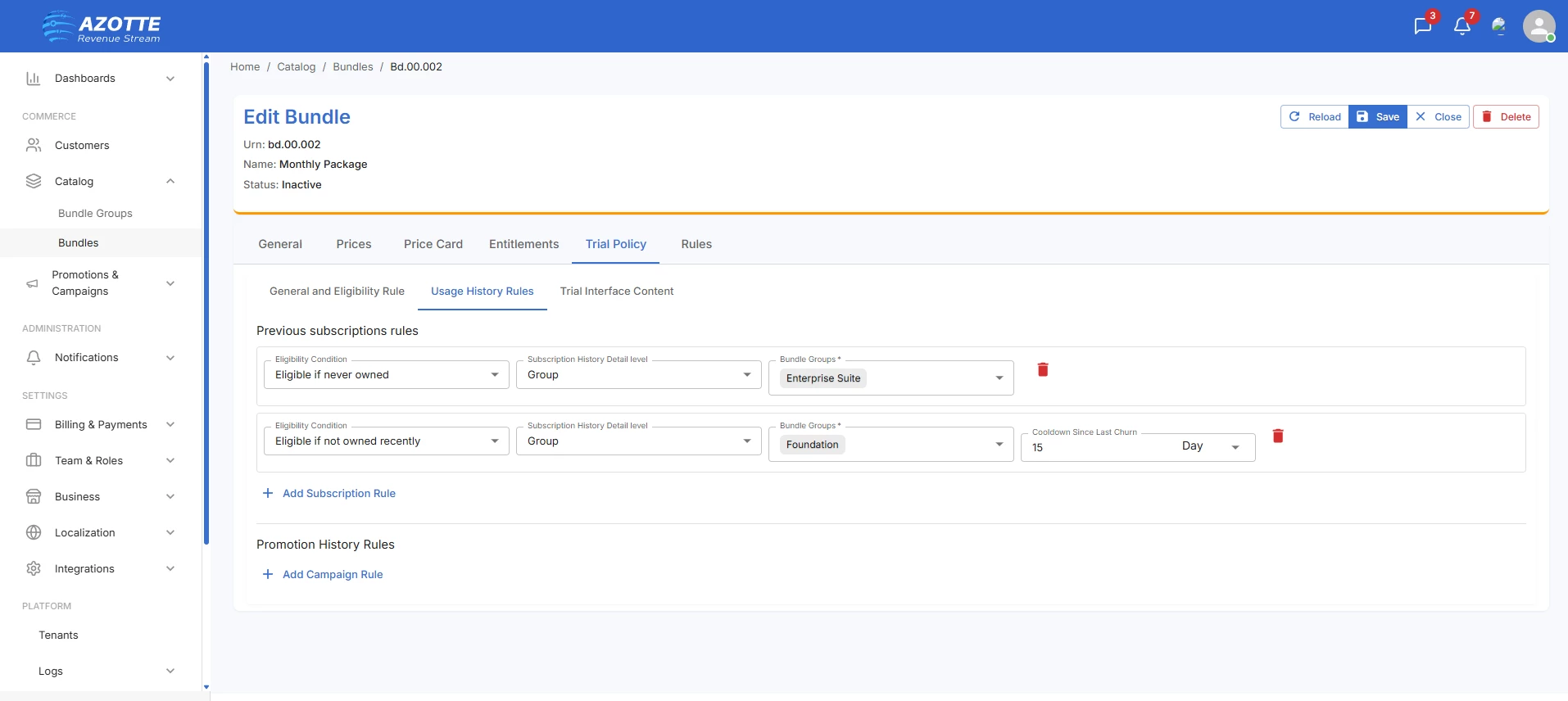 Azotte admin showing the trial eligibility rule builder with stacked conditions for prior history, bundle, region, and channel.